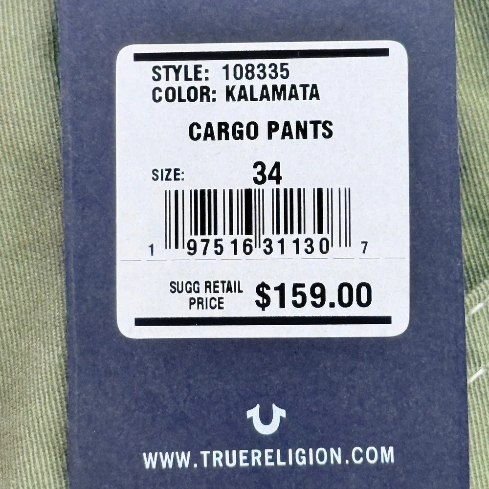 True Religion Men's Kalamata Green Cargo Pants Sz 34x32 Contrast Stitch NWT $159